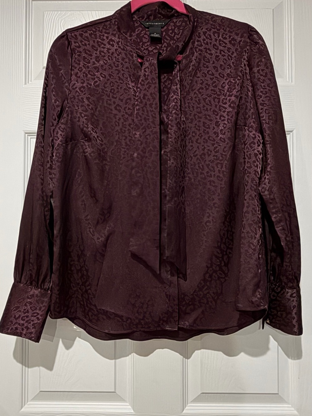 Investments Burgundy Tie-Neck Leopard Jacquard Blouse
